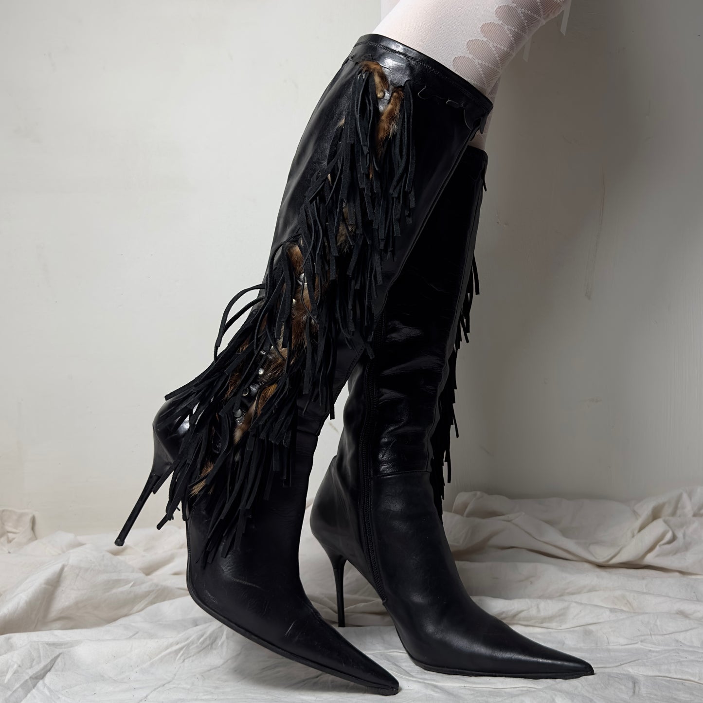 El Dante’s Leather Fringe Boots with Fur
