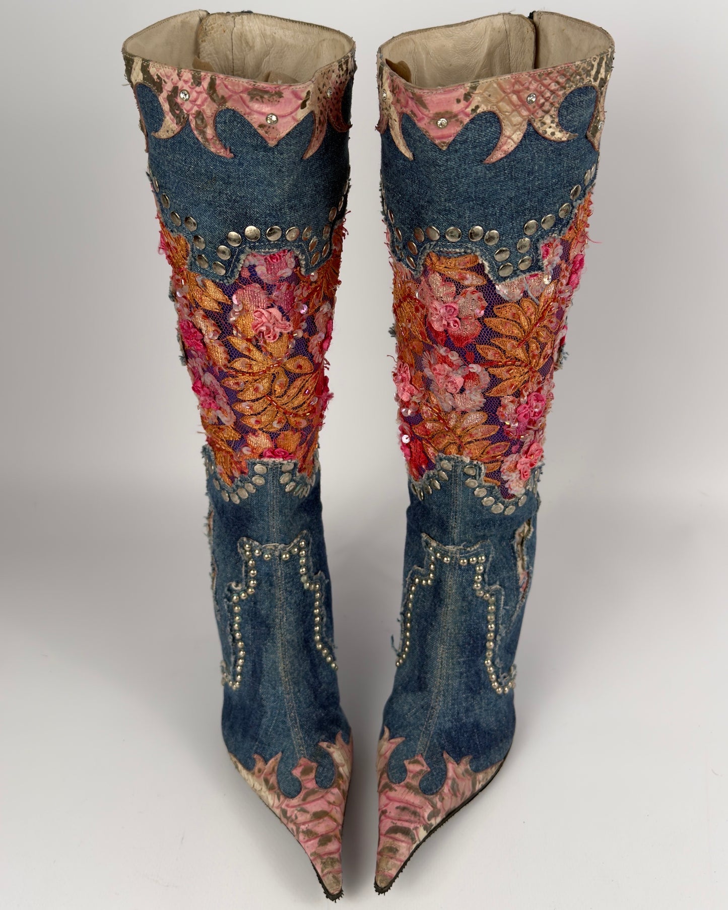 El Dante’s Couture Vintage Denim Boots — 36