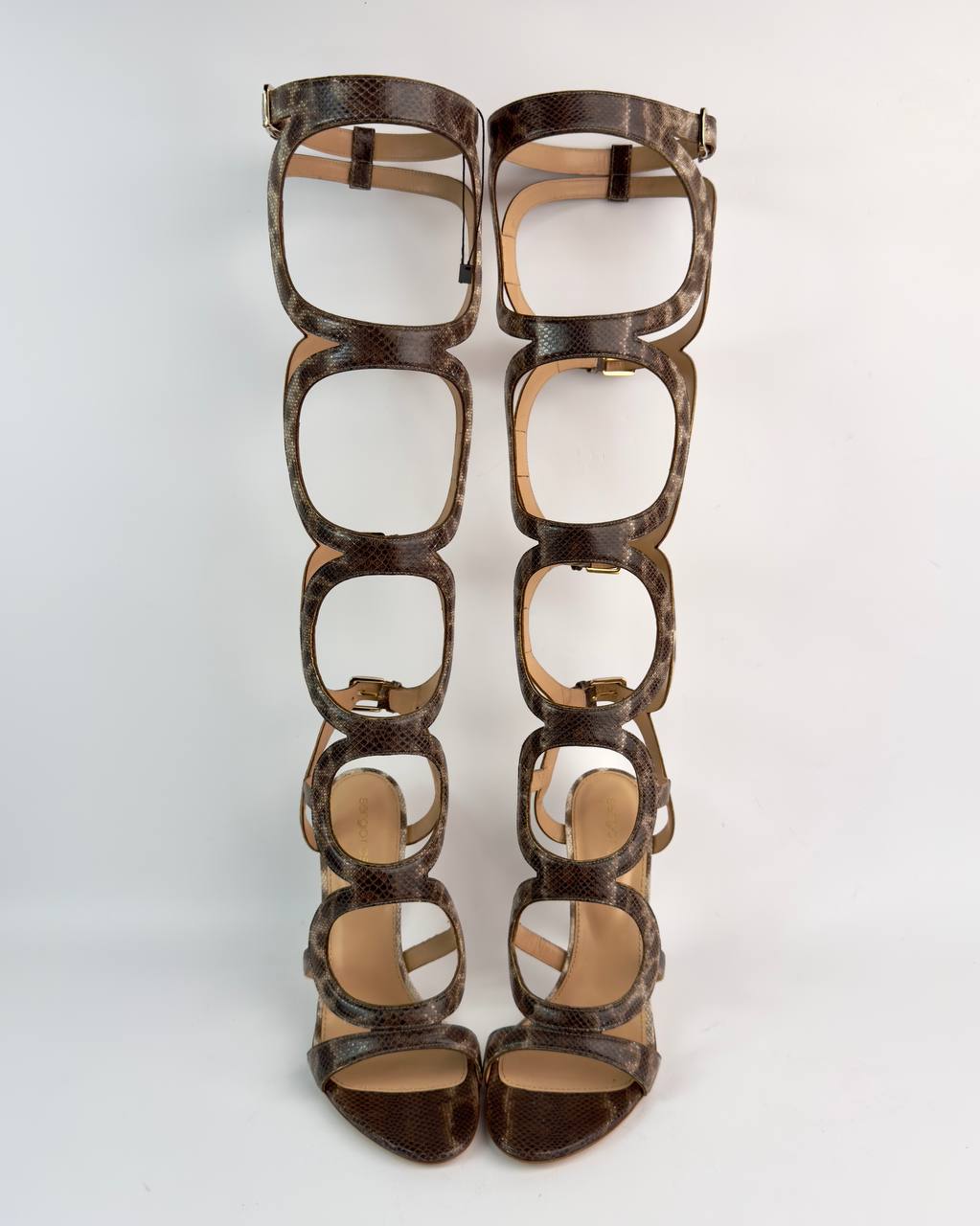 Sergio Rossi Snakeskin Arabesque Gladiator Heels — 39.5/40