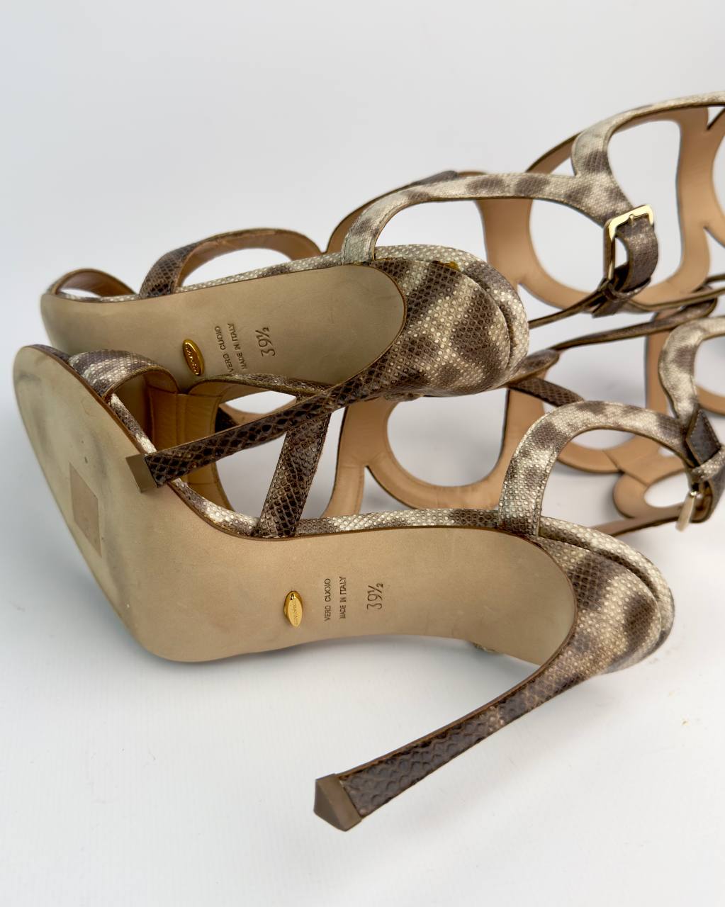 Sergio Rossi Snakeskin Arabesque Gladiator Heels — 39.5/40