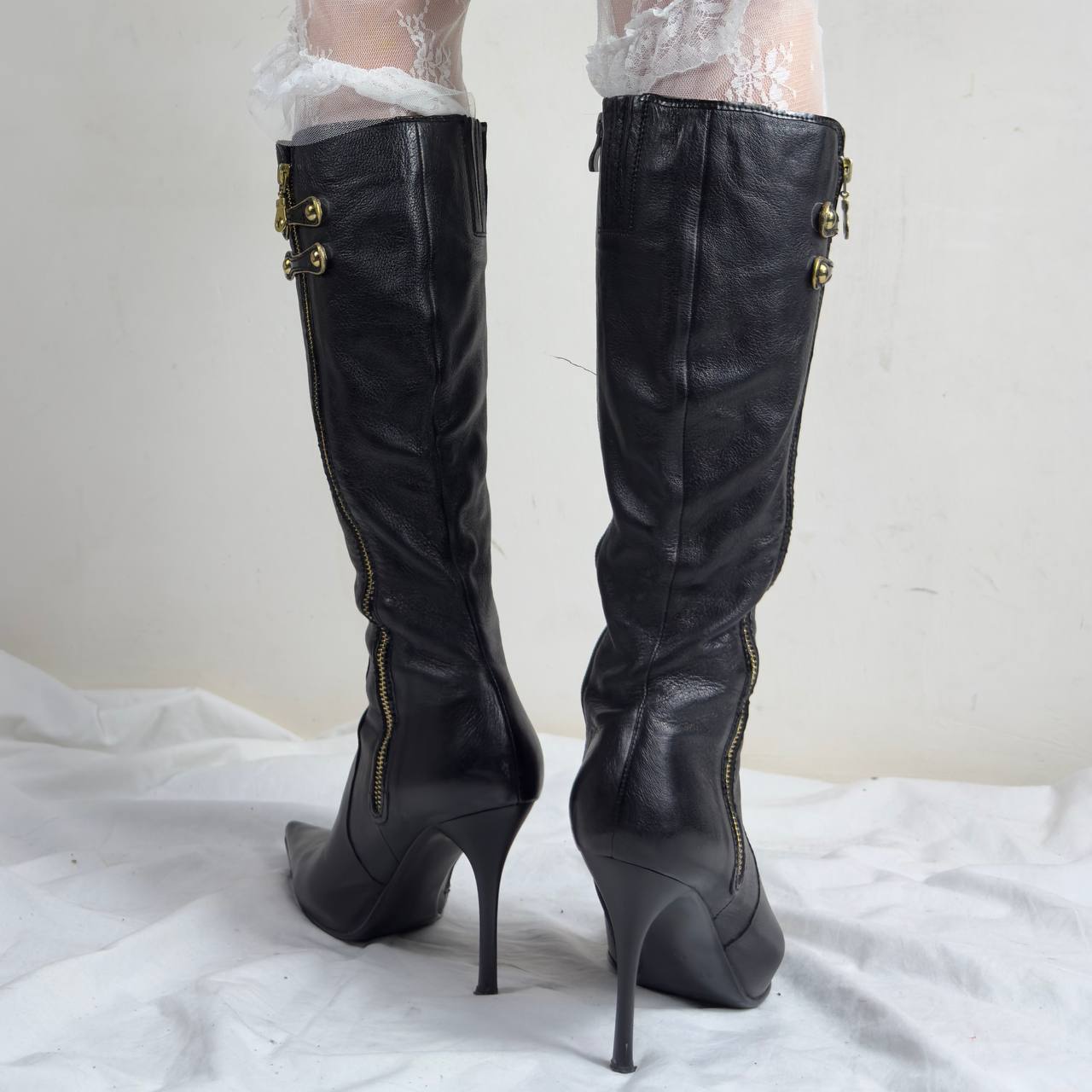 Vintage Black Leather Zipper Boots 40/40.5