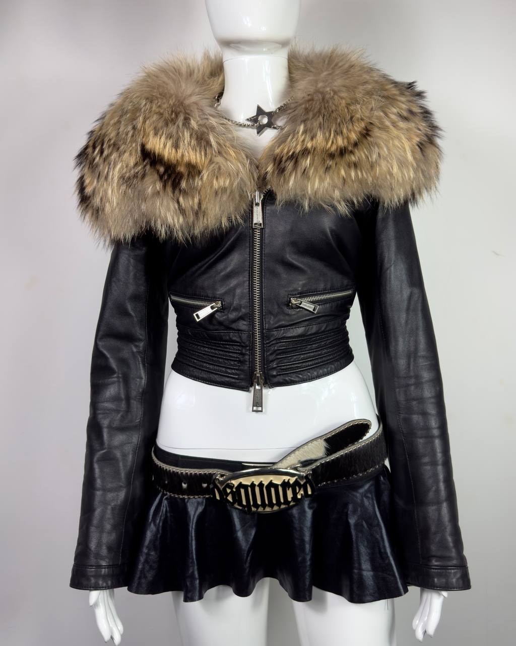 DSQUARED2 00s Fur Leather Moto Biker Jacket XS-M