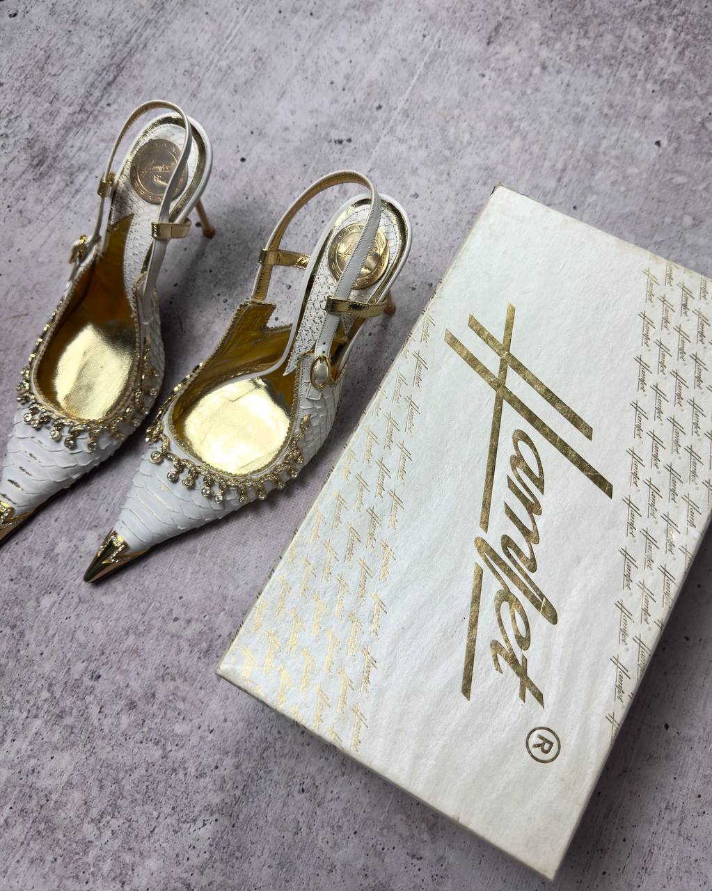 Hamlet Couture Italian Rare Vintage Swarovski Leather Heels like new with box 37/37.5
