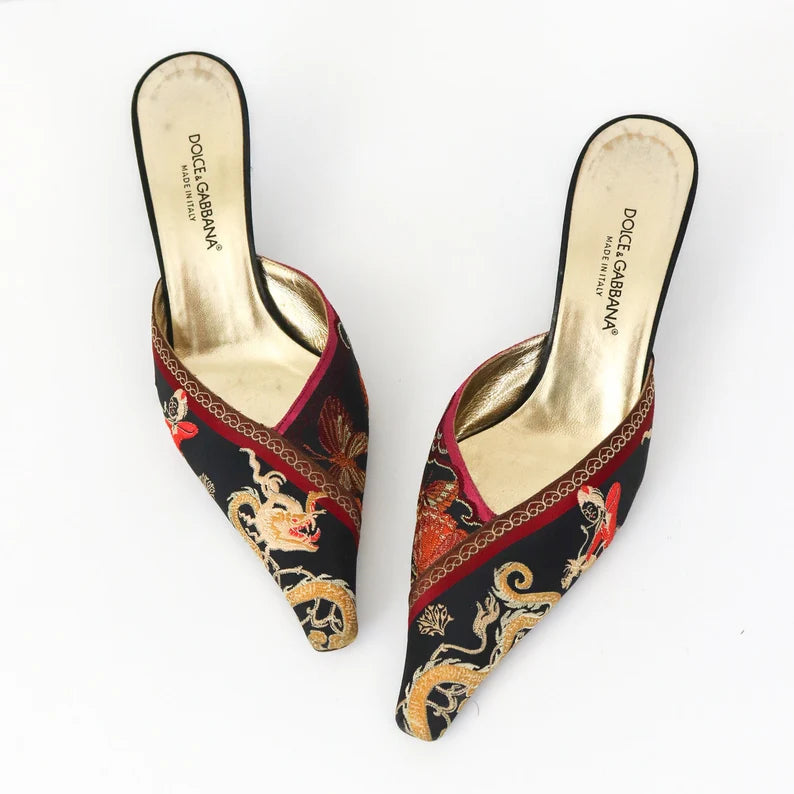 Vintage Dolce&Gabbana Dragon Butterflies Mules Kitten Heels — 38/38.5