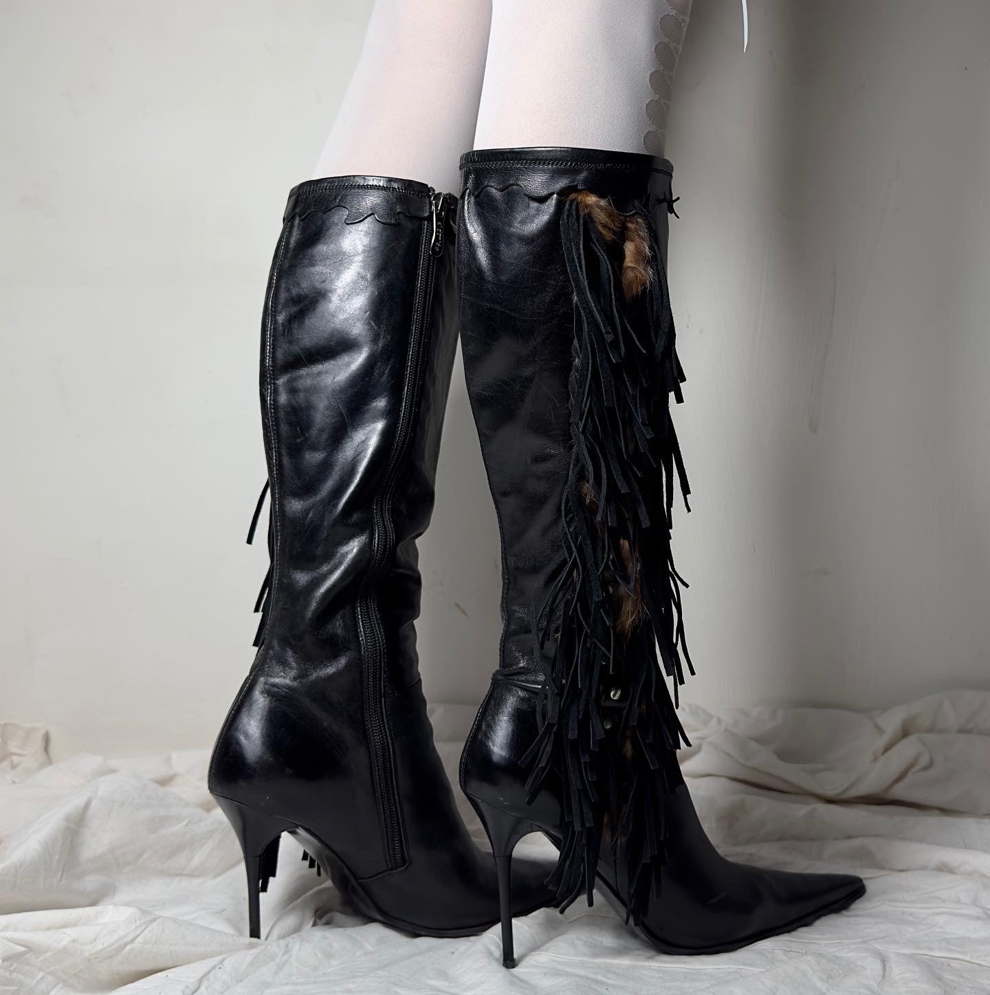 El Dante’s Leather Fringe Boots with Fur