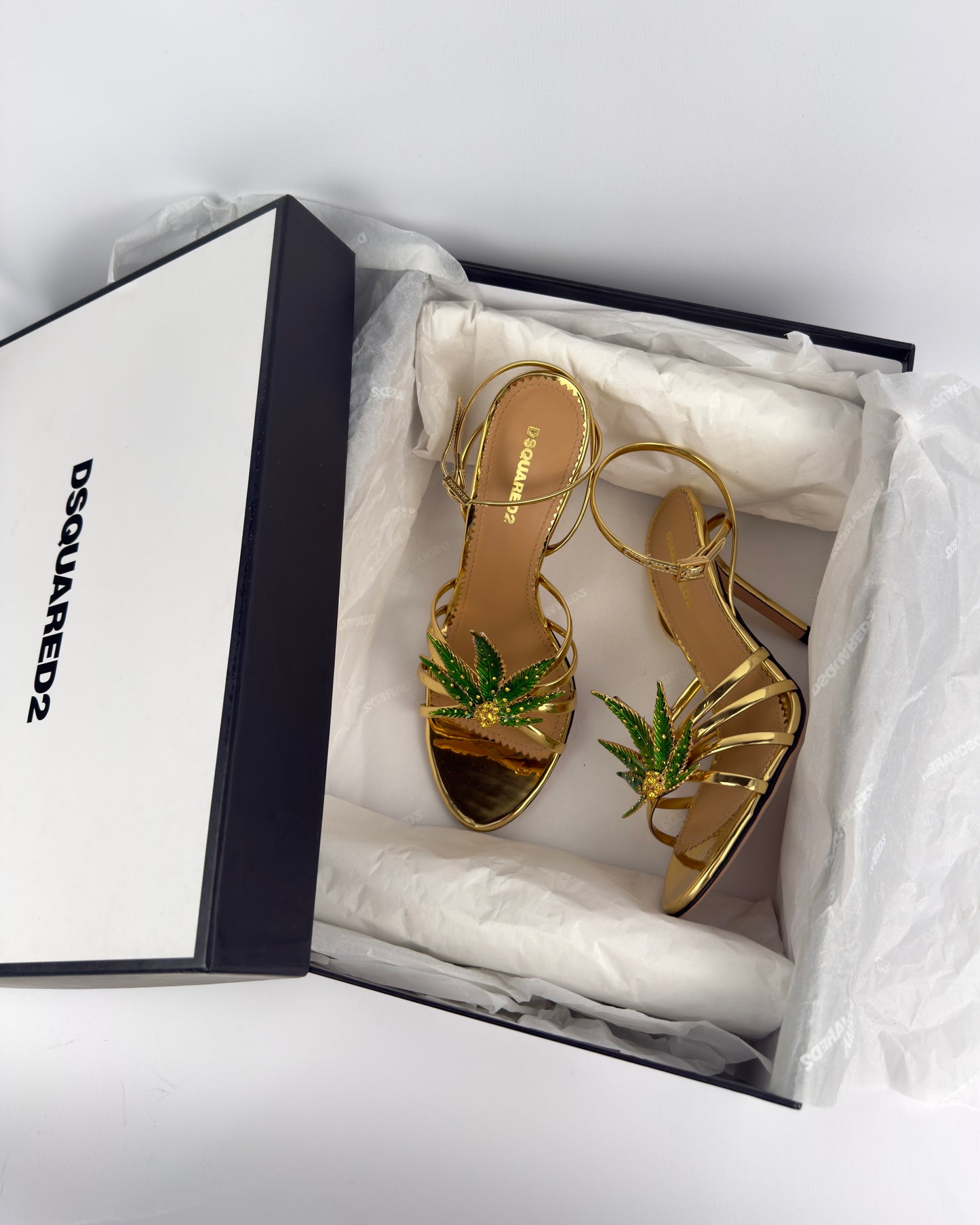 Dsquared2 Marija Leaf Gold Strap Sandals SS05 reissue for SS24 — 37.5/38