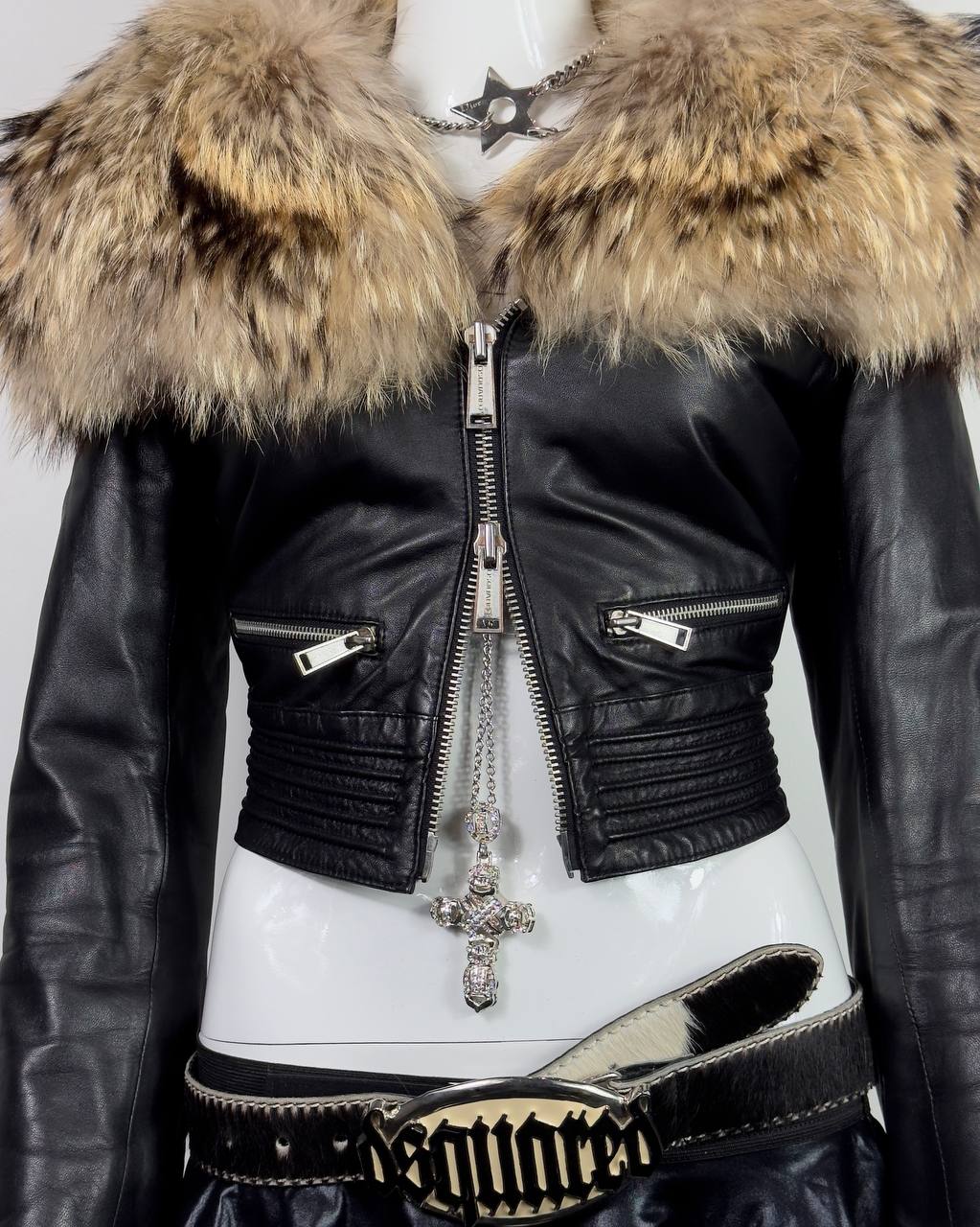 DSQUARED2 00s Fur Leather Moto Biker Jacket XS-M