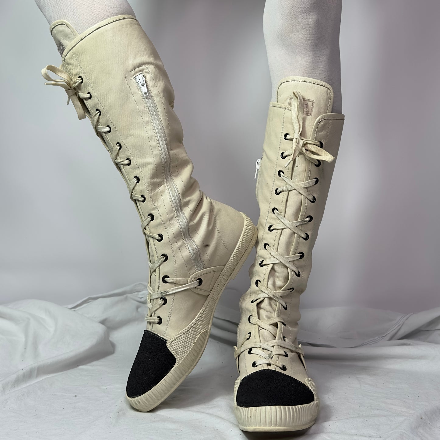 Gianni Barbato Knee High Lace Up Boxing Moto Boots