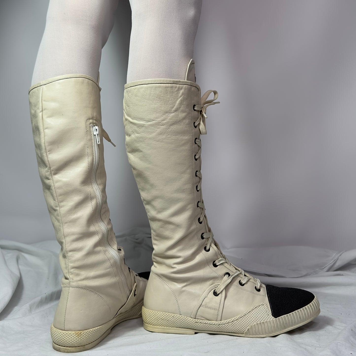 Gianni Barbato Knee High Lace Up Boxing Moto Boots
