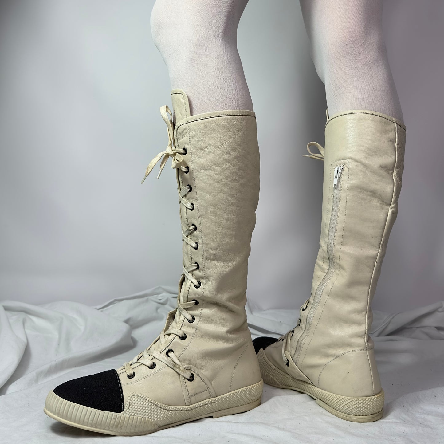 Gianni Barbato Knee High Lace Up Boxing Moto Boots