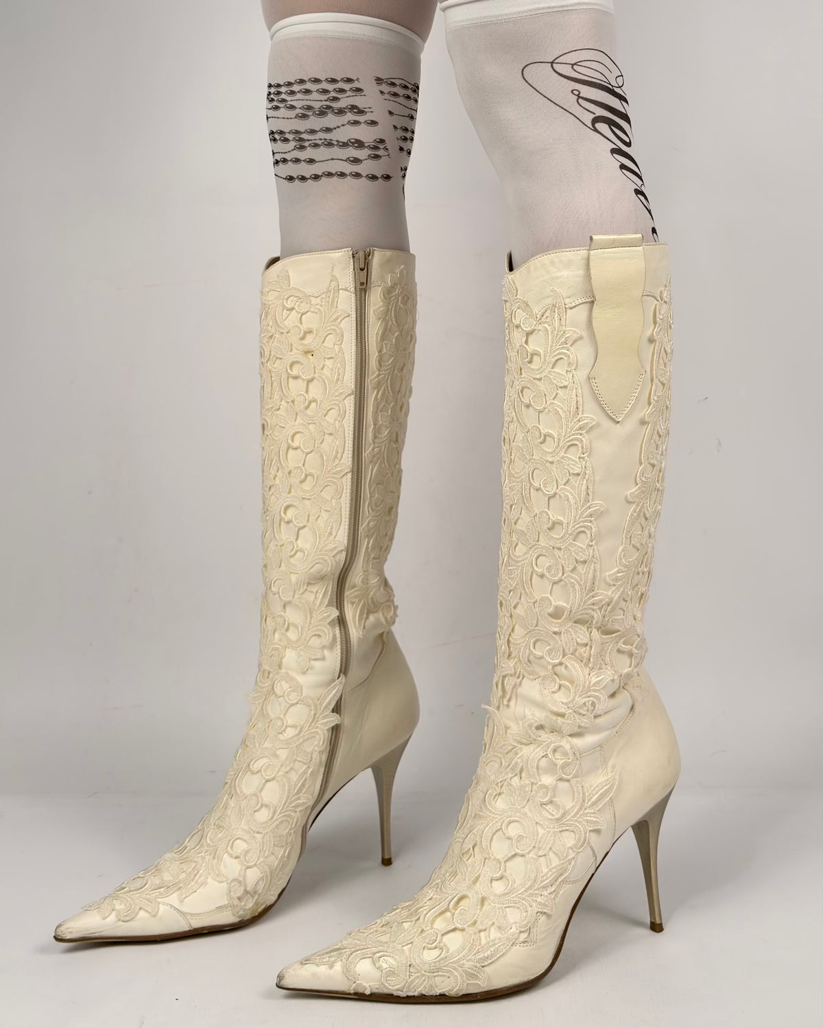 Vintage Italian Lace Appliqué Leather Boots — 40