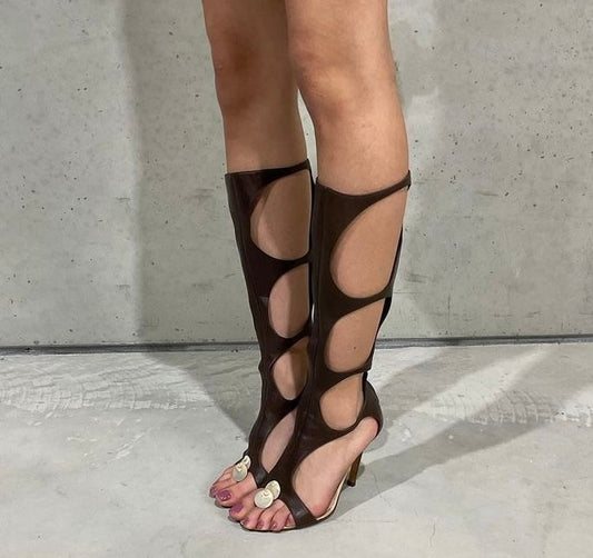 Sergio Rossi Seashells Gladiator Cut Out Boots — 38/38.5 & 39/39.5