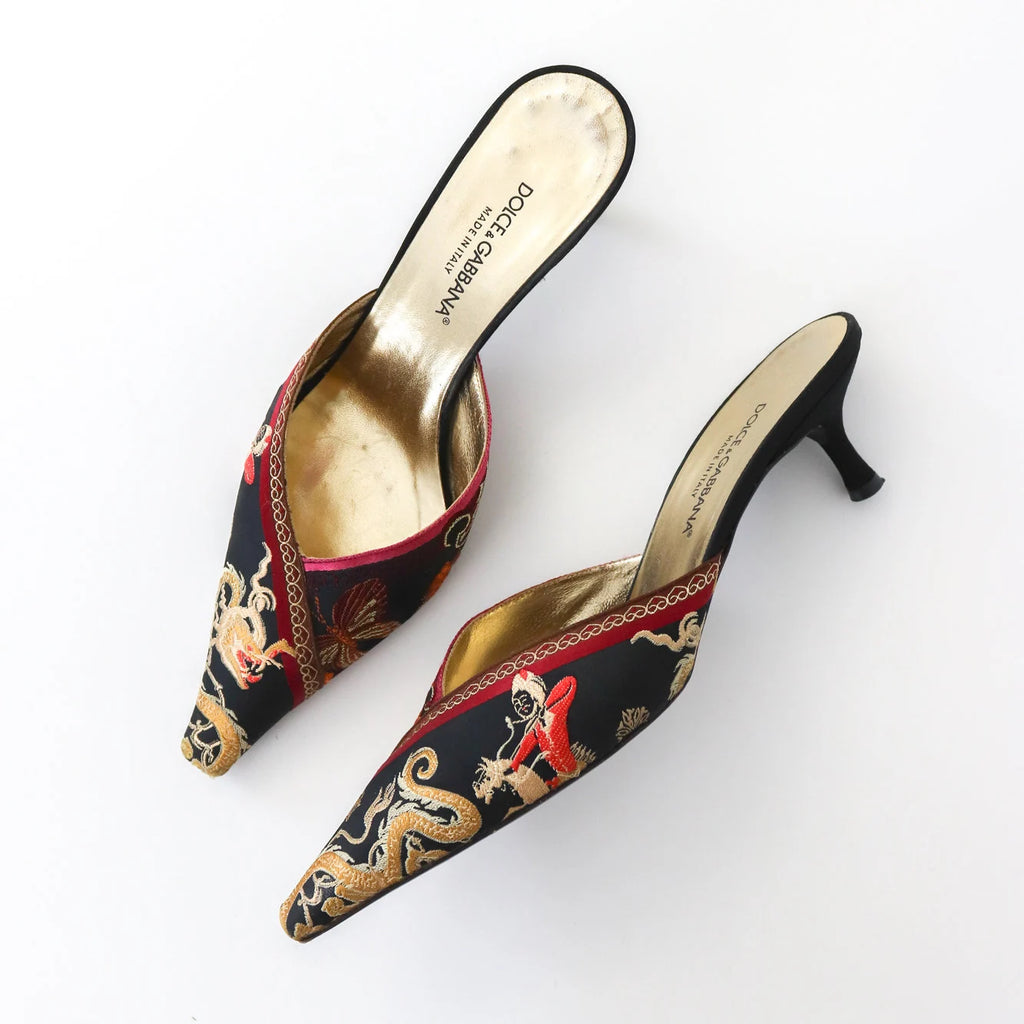 Vintage Dolce&Gabbana Dragon Butterflies Mules Kitten Heels — 38/38.5