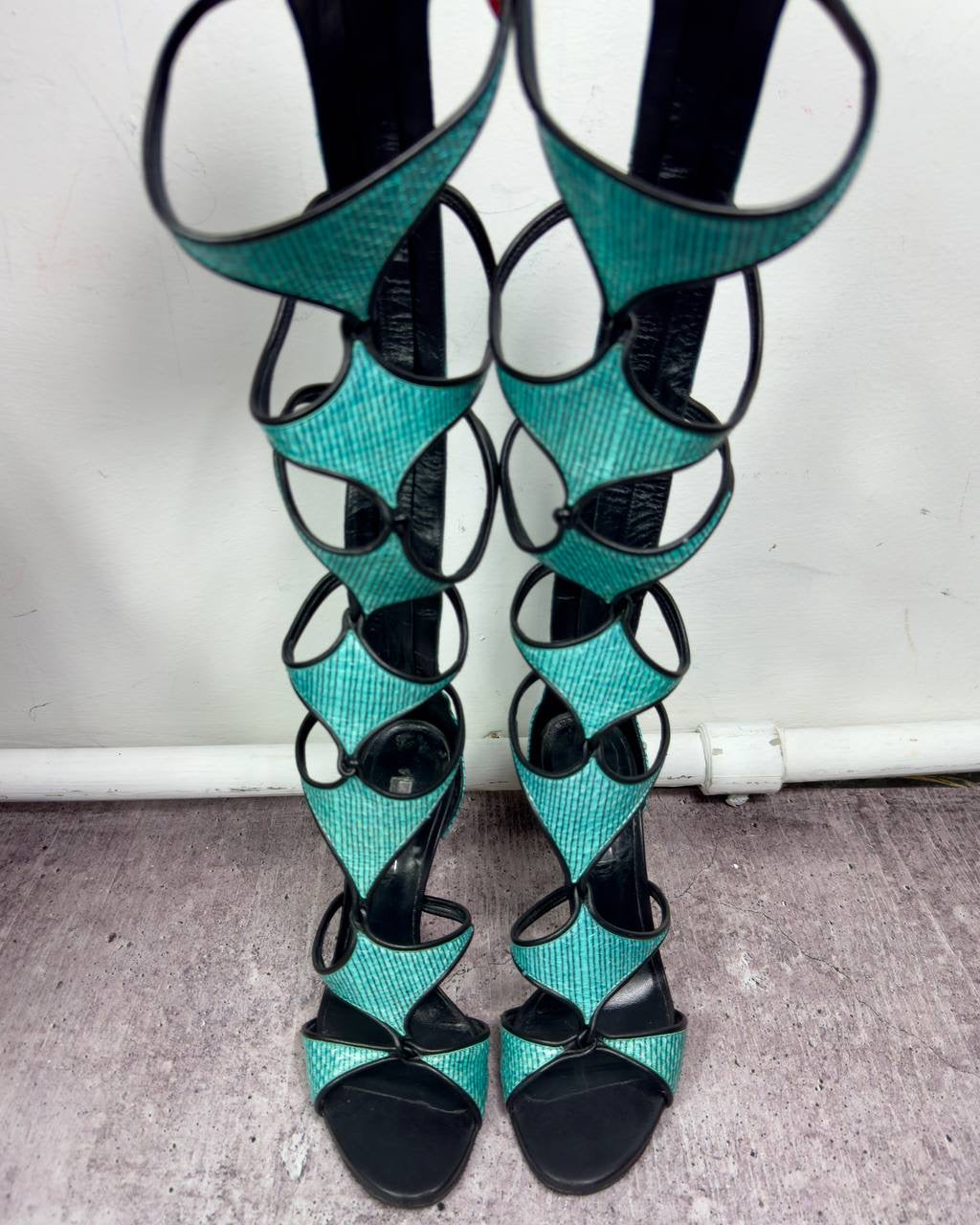 Casadei S/S 2015 Gladiator Python Leather Heel Boots — US7.5
