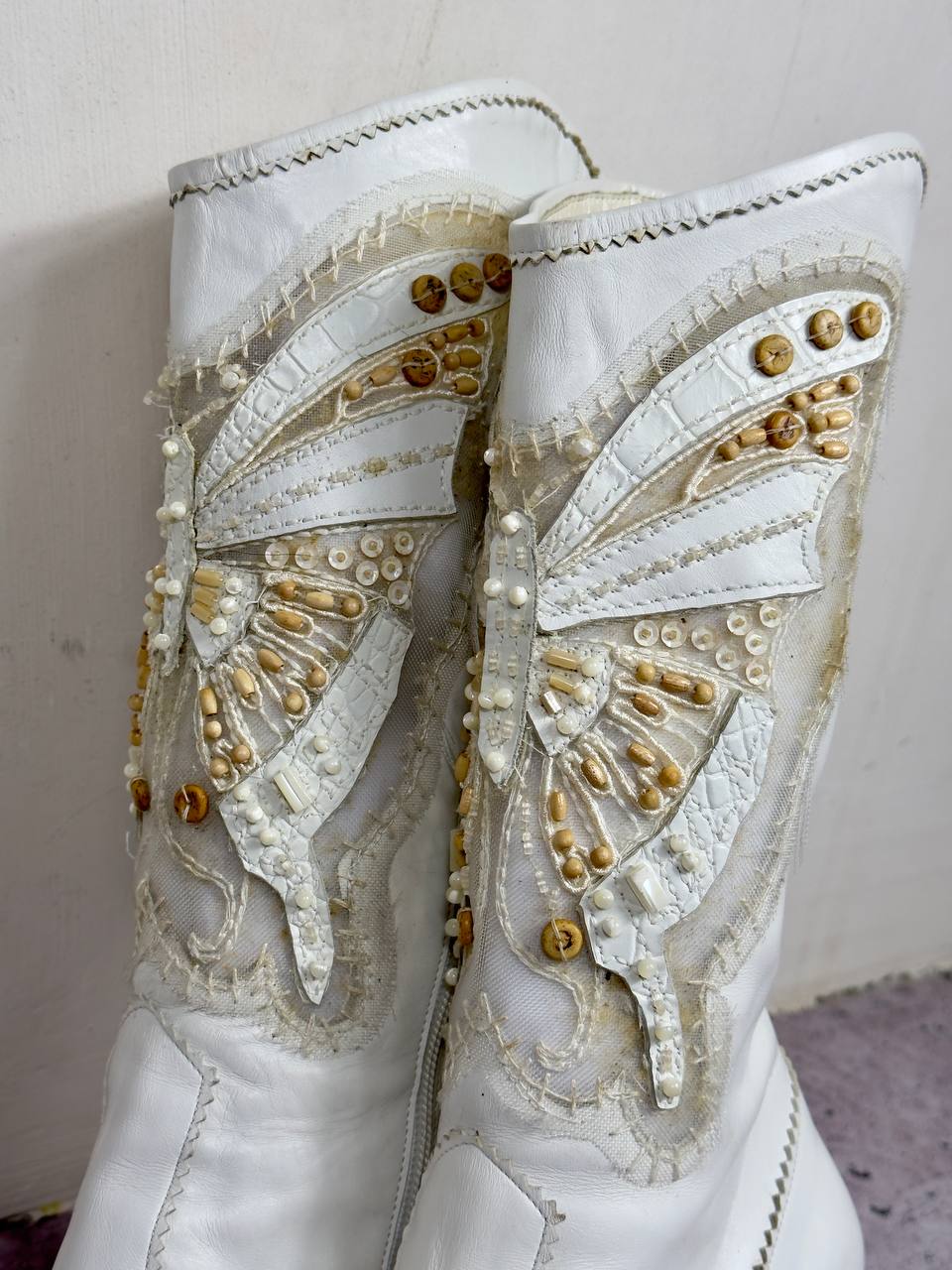 Le Silla Butterfly White Leather Beaded Boots 38/38.5