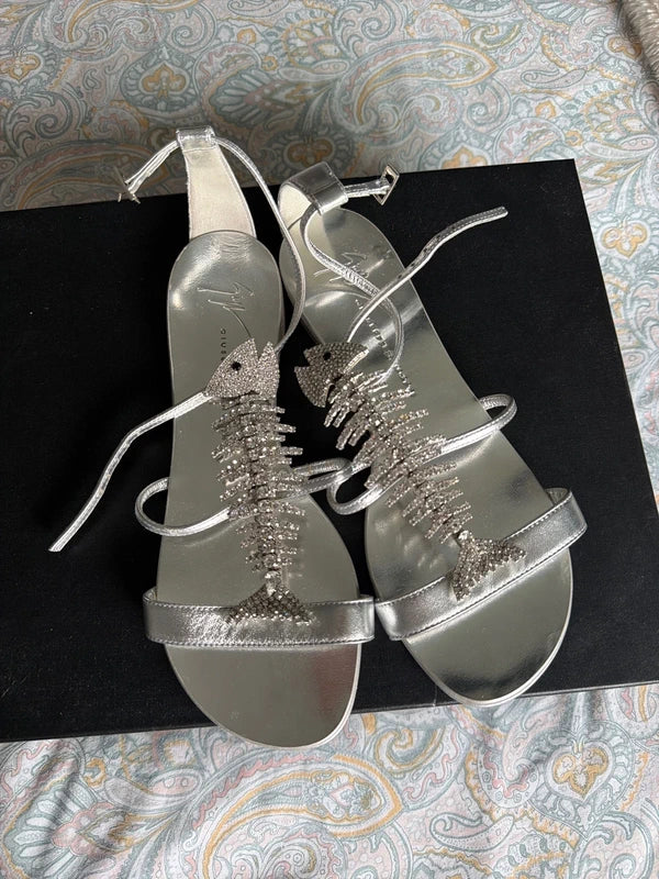 Giuseppe Zanotti Silver Fishbone Sandals — 36