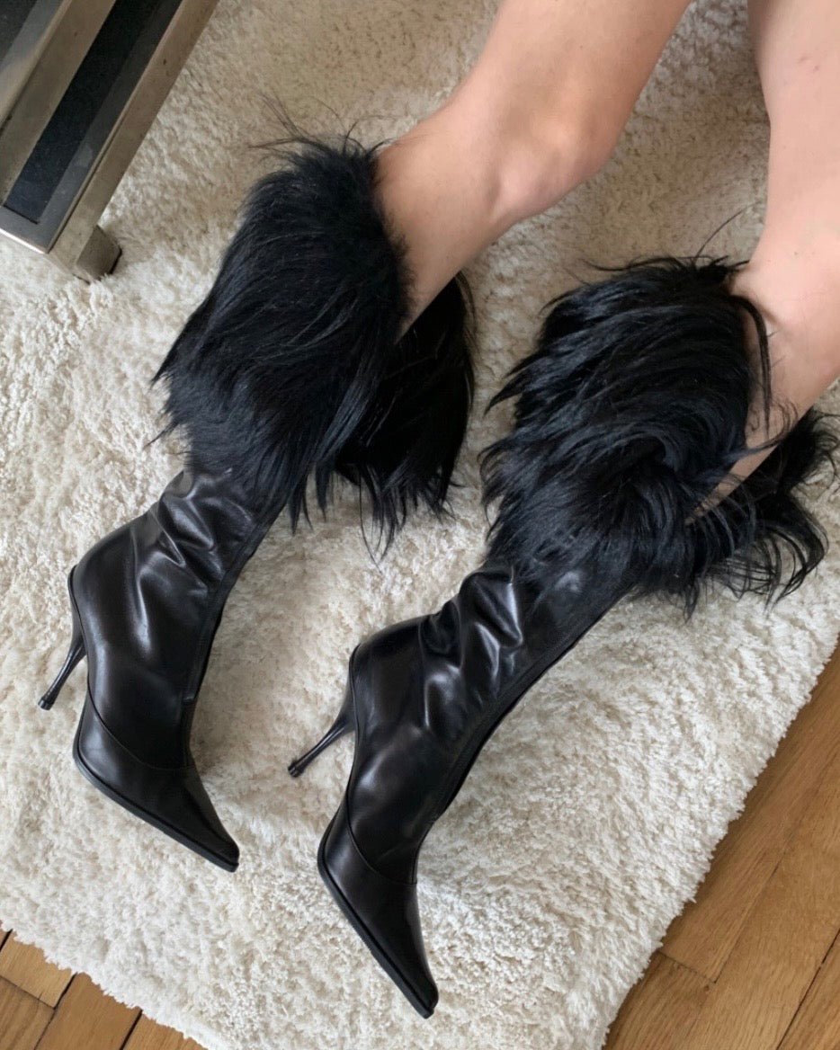 Christian Dior FW2003 by John Galliano Black Fur Trim Boots — 38/38.5