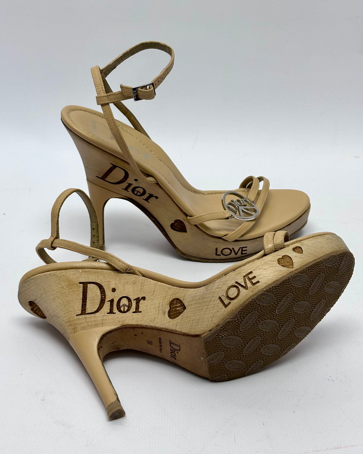 Dior Galliano Vintage Peace Wooden Wedge Heels — 39
