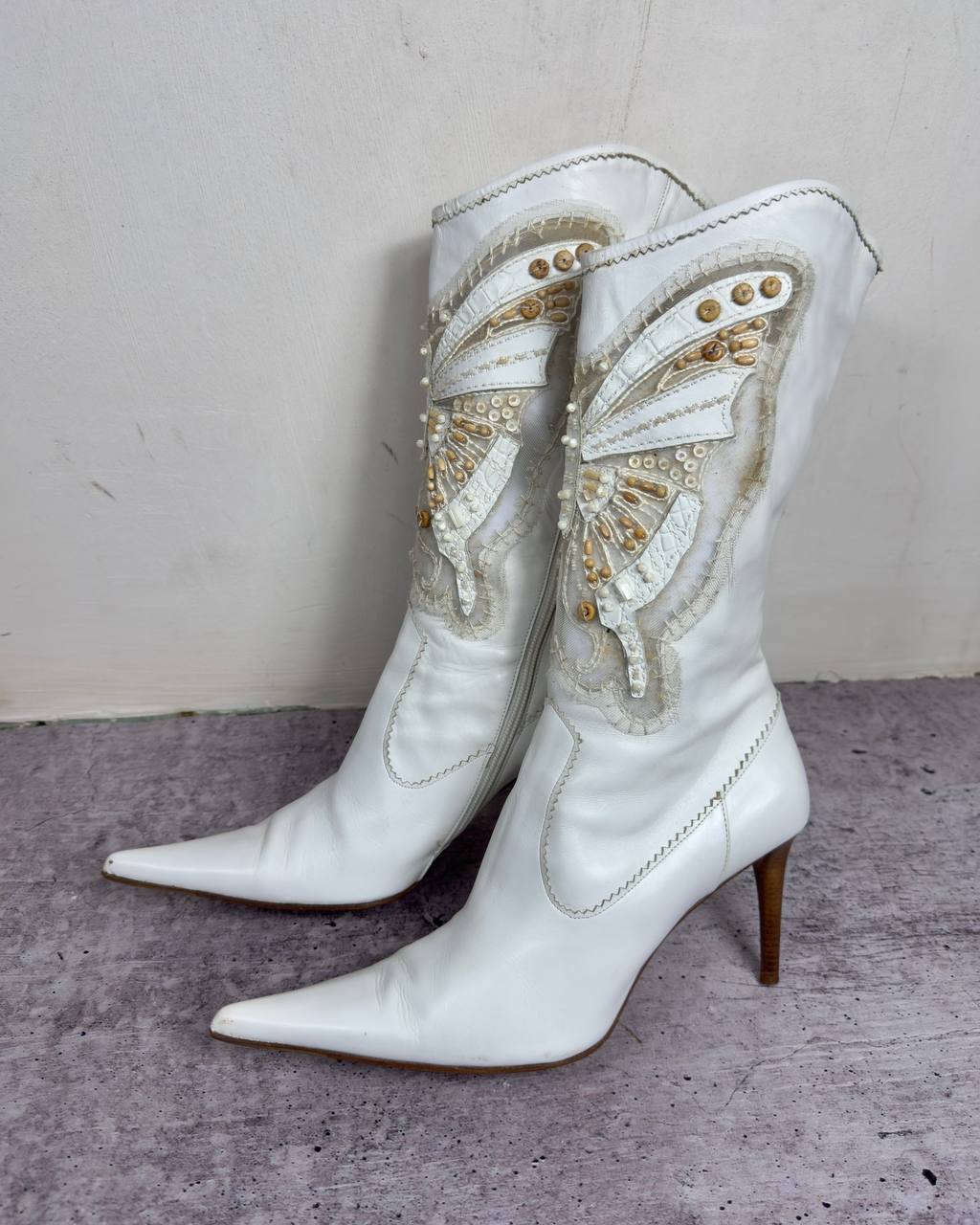Le Silla Butterfly White Leather Beaded Boots 38/38.5