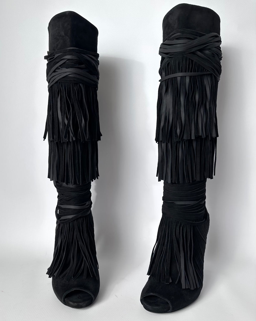 Gucci Becky Suede Fringe Peep Toe Boots — 36/37