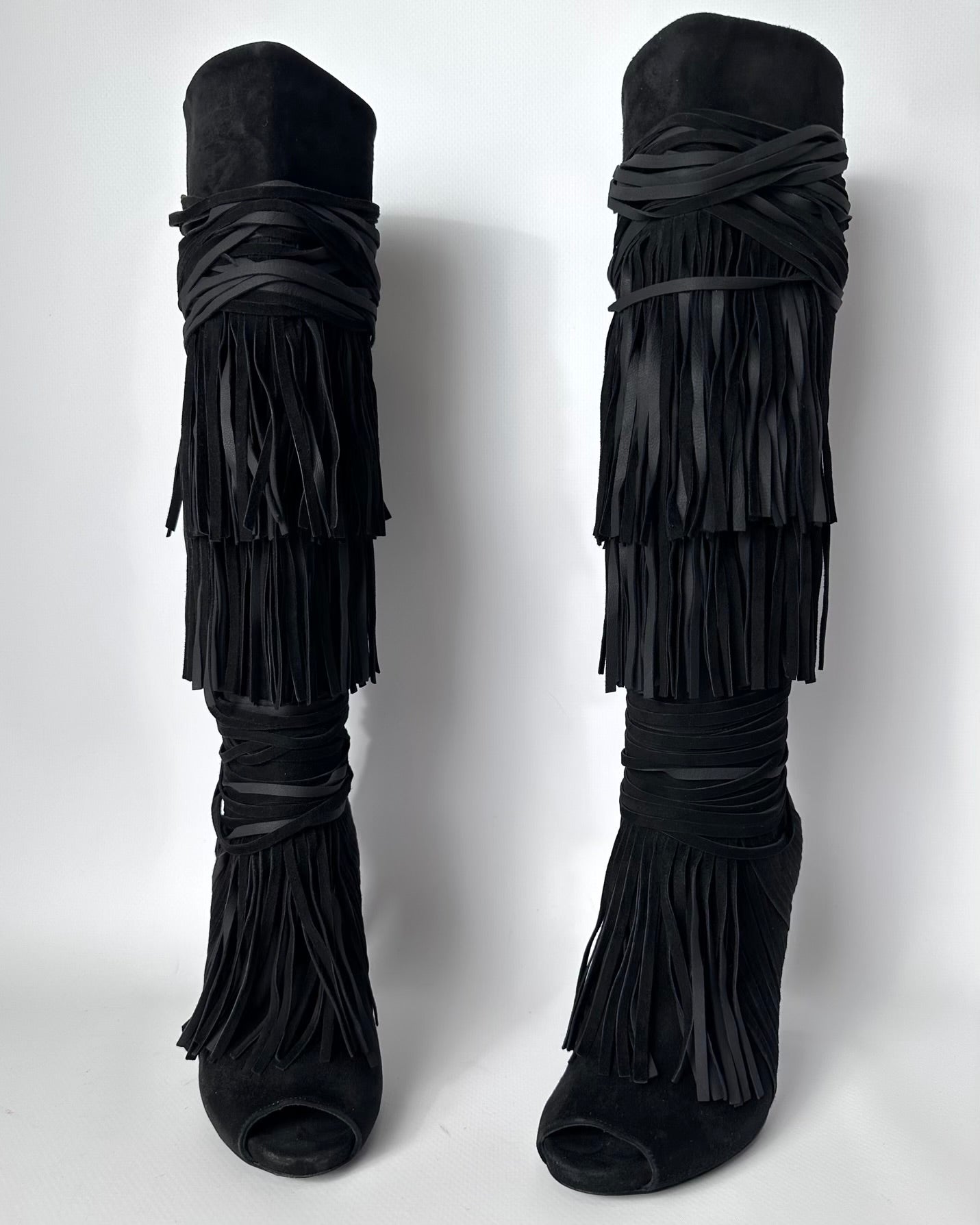 Gucci Becky Suede Fringe Peep Toe Boots — 36/37