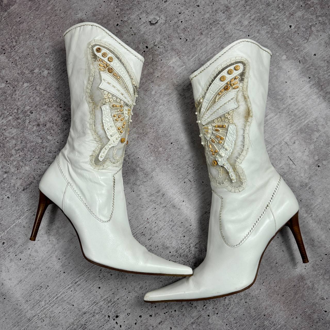 Le Silla Butterfly White Leather Beaded Boots 38/38.5