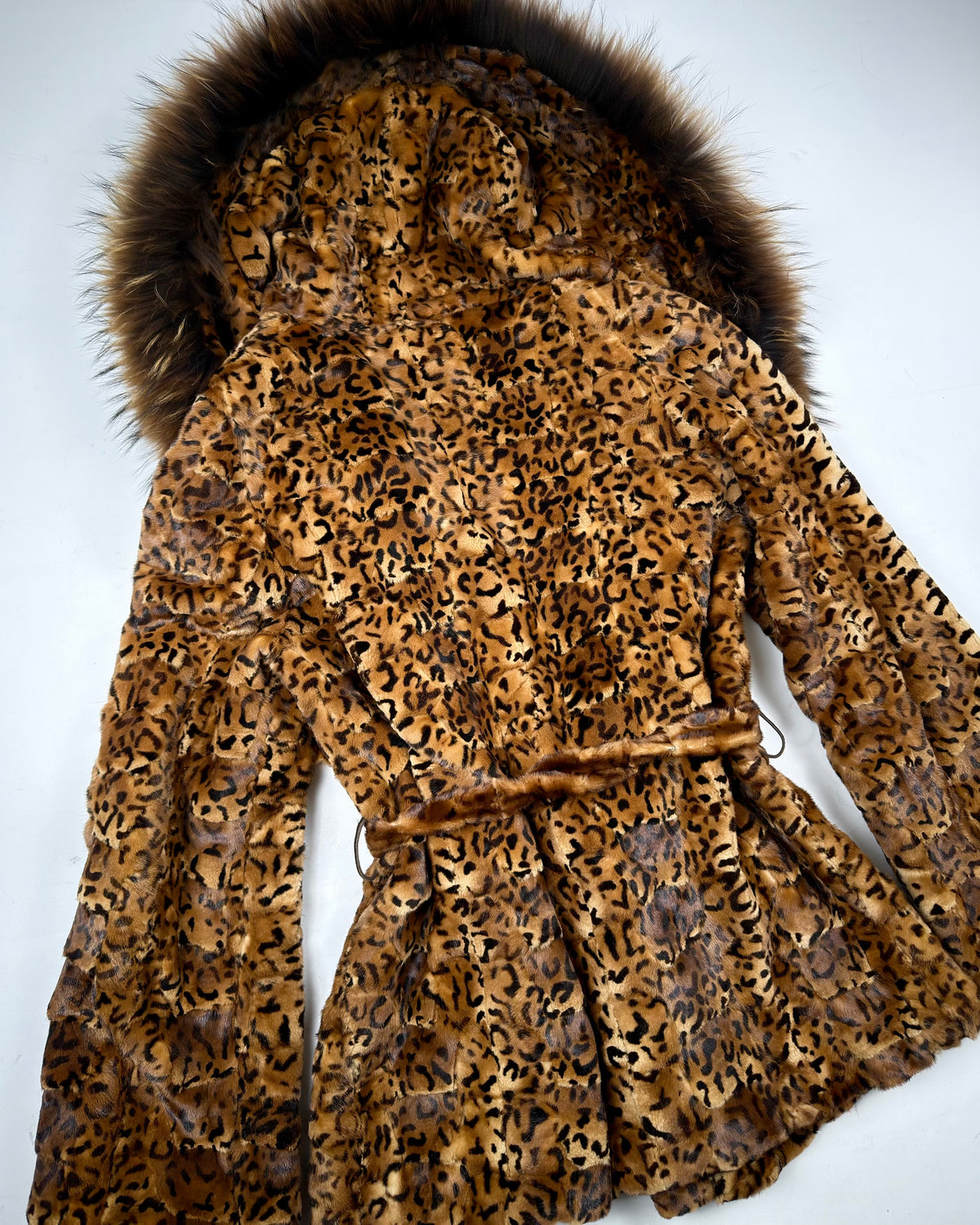Vintage Mink Leopard Print Hooded Jacket with Fox Collar  — S/M
