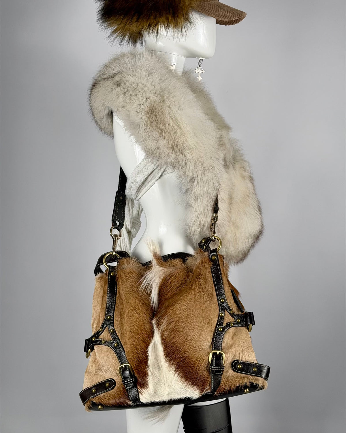 Vintage Cowhide Mohawk Fur Bondage Leather Bag