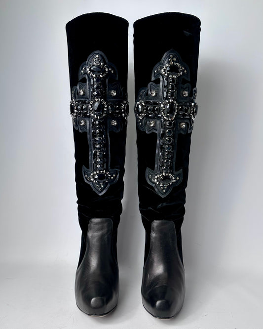 Versace F/W 2012 Velvet Leather Cross Boots — 38.5