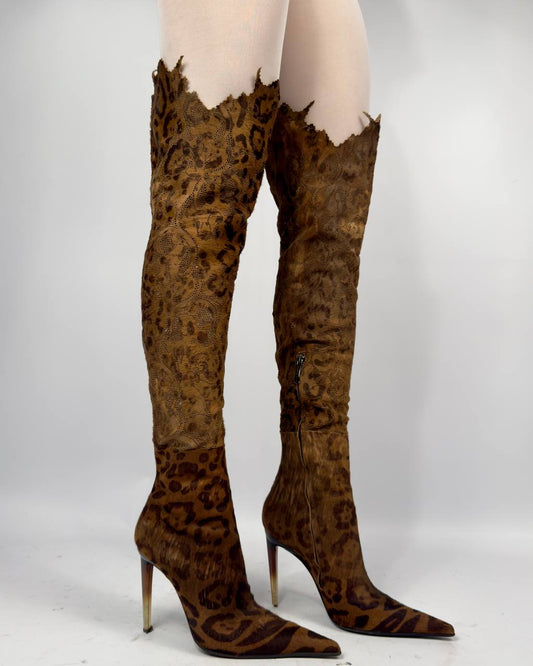Gianmarco Lorenzi Vintage Italian Pony Fur Leopard Boots — 37/37.5