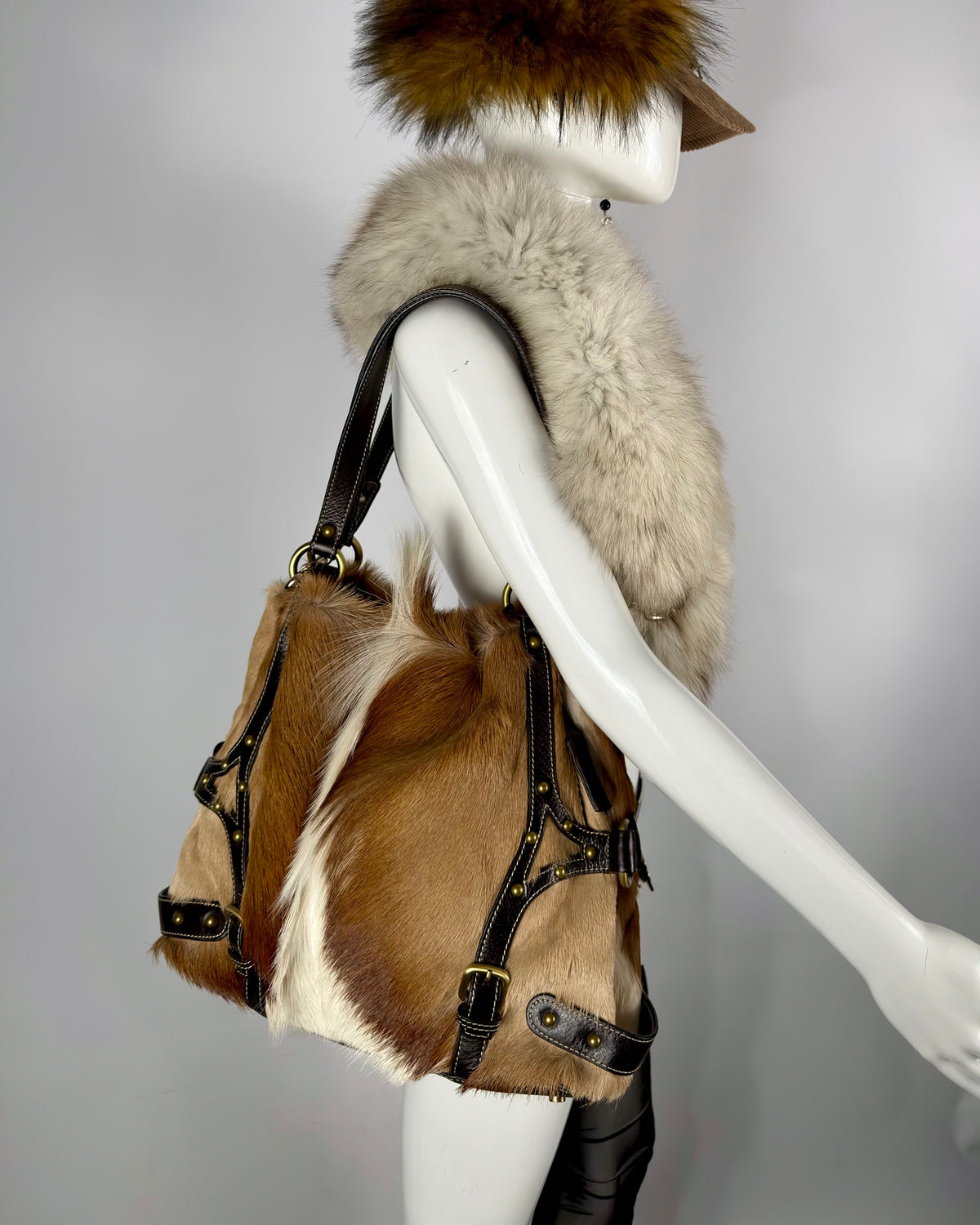 Vintage Cowhide Mohawk Fur Bondage Leather Bag