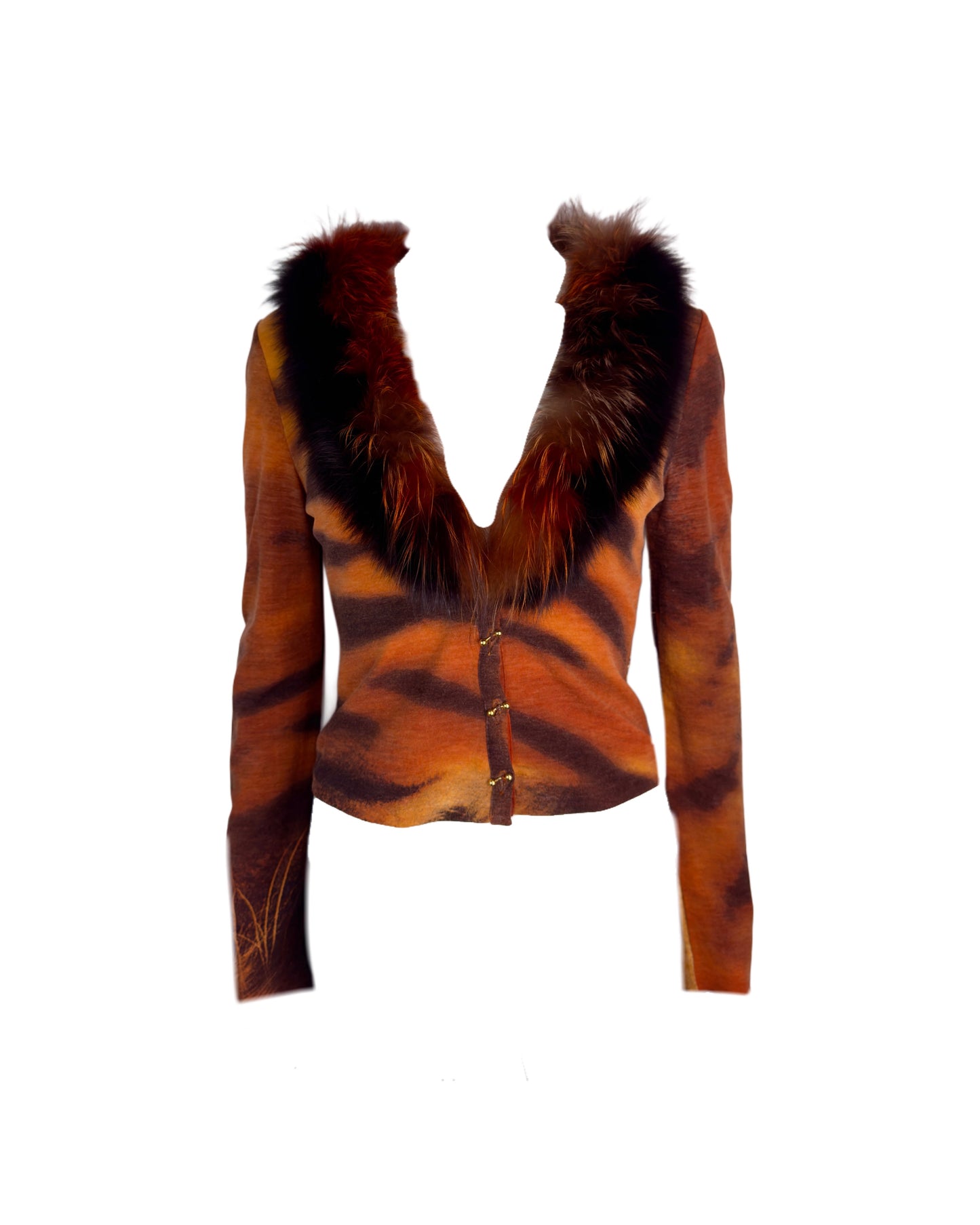 Roberto Cavalli F/W 2000 Tiger Print Fur Trim Cardigan