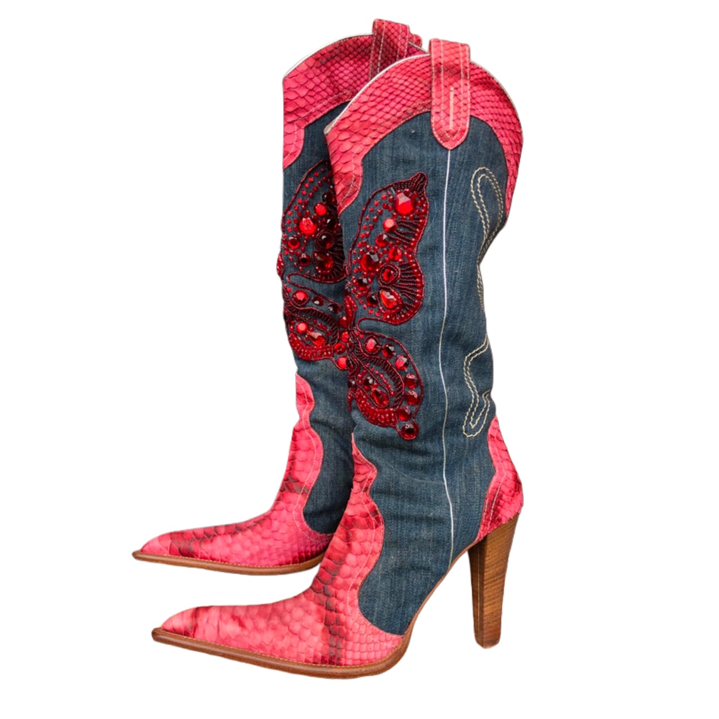 Gianmarco Lorenzi Denim Leather Butterfly Boots — 40/41