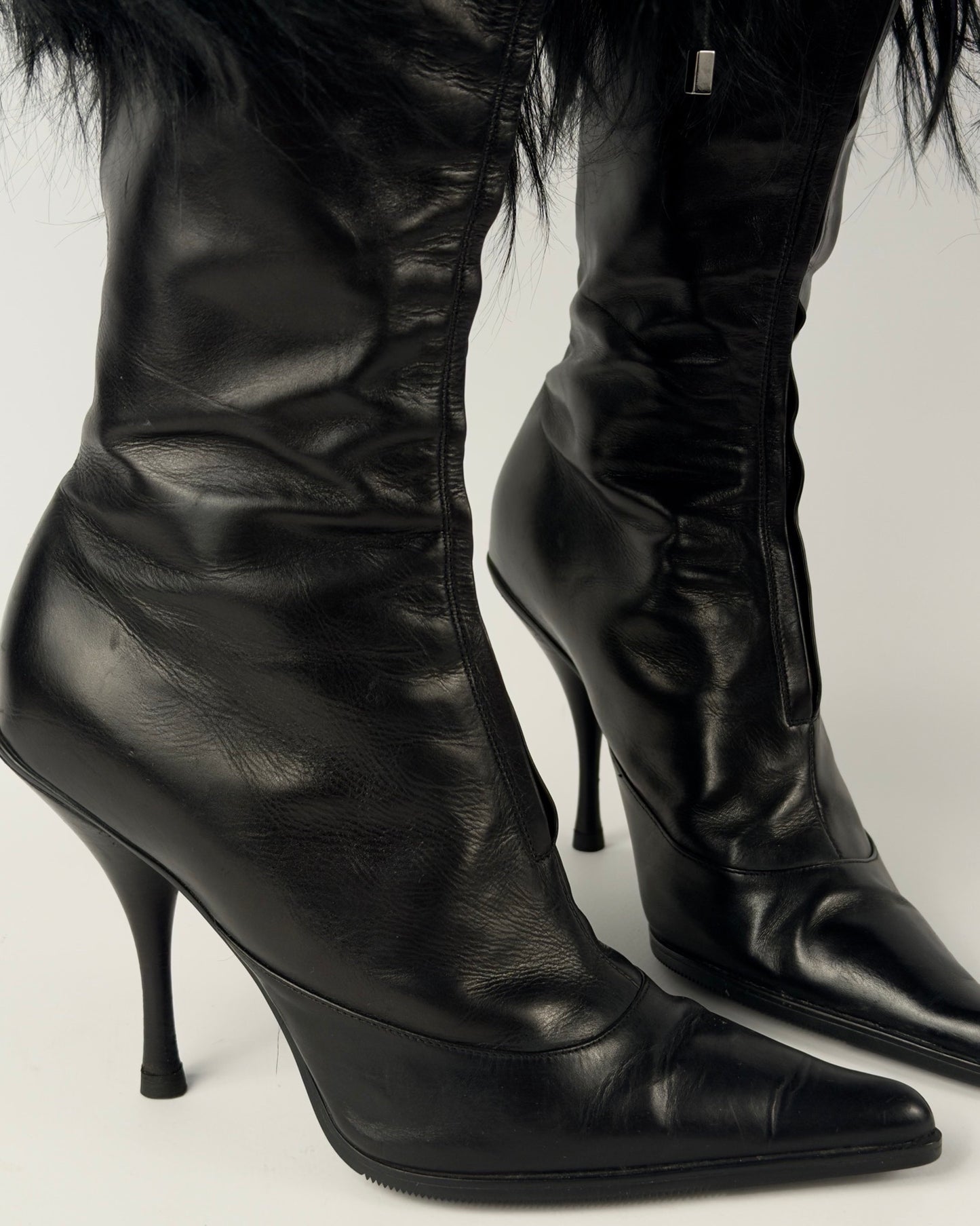 Christian Dior FW2003 by John Galliano Black Fur Trim Boots — 38/38.5