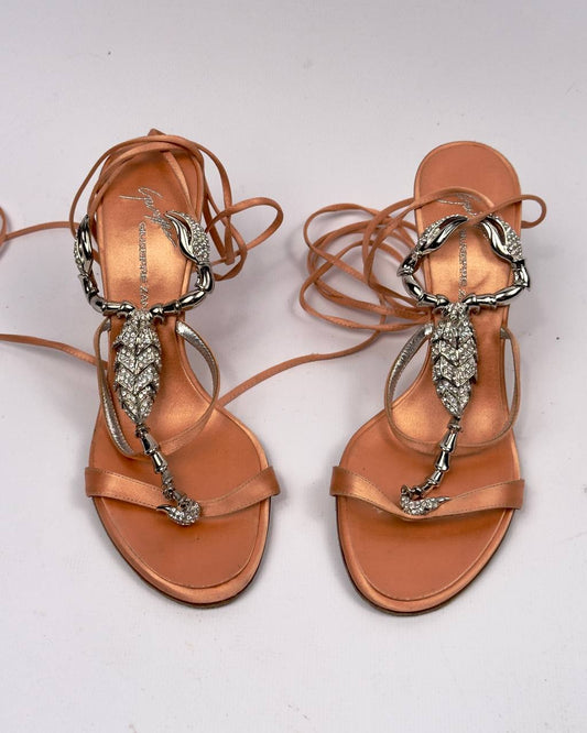 Giuseppe Zanotti Vintage Scorpion Lace Wrap Heels — 37/37.5