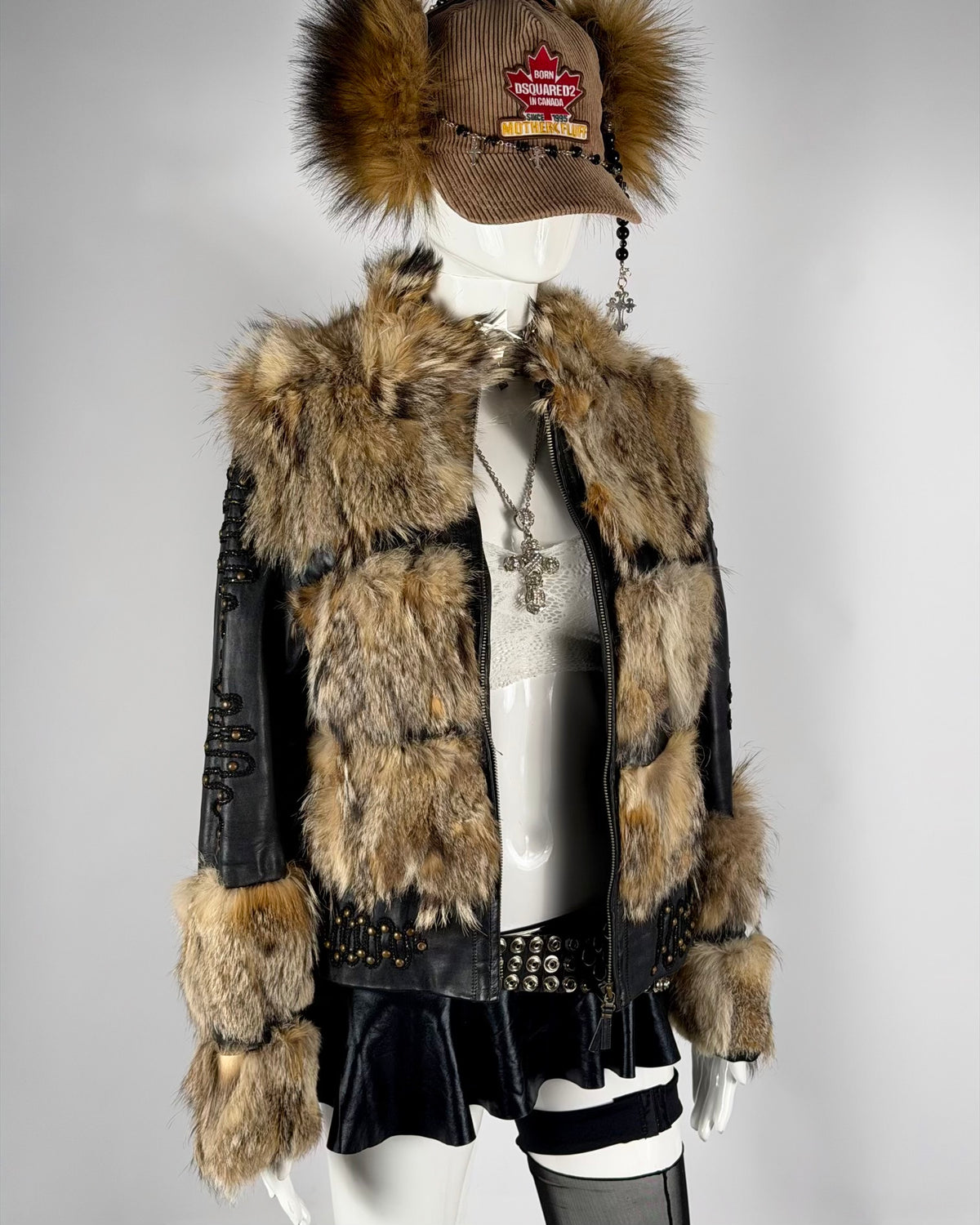 Vintage Fur Leather Studded Jacket — XS/S