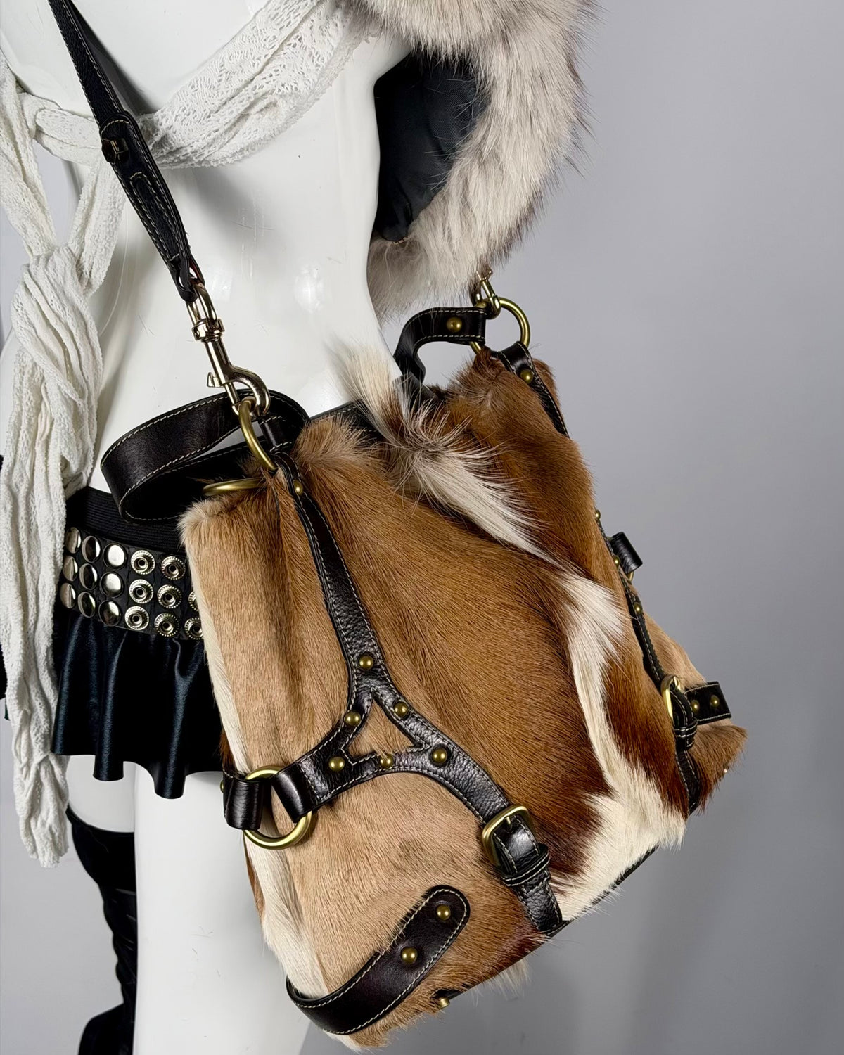 Vintage Cowhide Mohawk Fur Bondage Leather Bag
