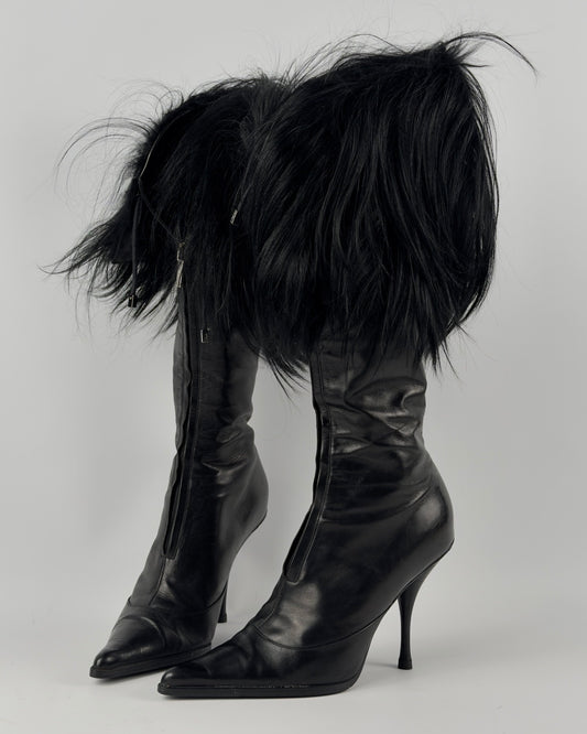 Christian Dior FW2003 by John Galliano Black Fur Trim Boots — 38/38.5