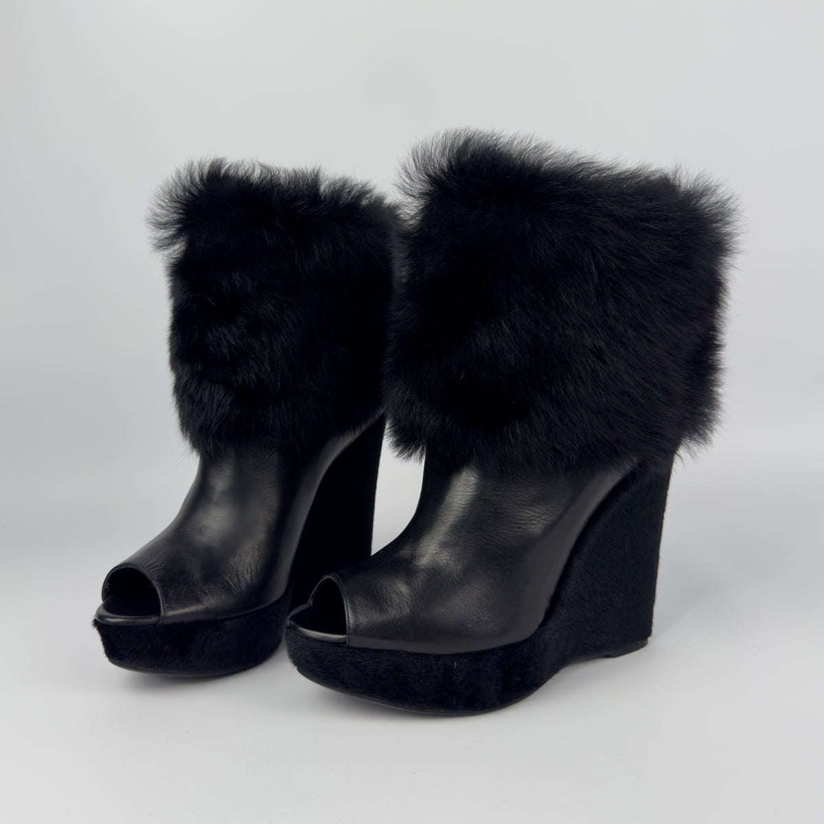 Prada Vintage Fur Wedge Peep Toe Booties — 36.5