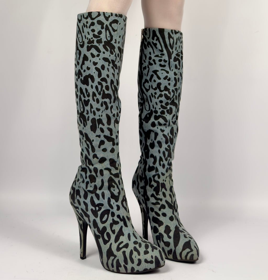 D&G Denim Leopard Boots — 37/37.5