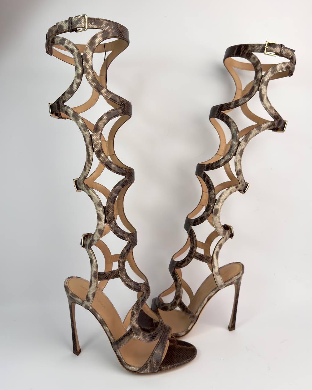 Sergio Rossi Snakeskin Arabesque Gladiator Heels — 39.5/40