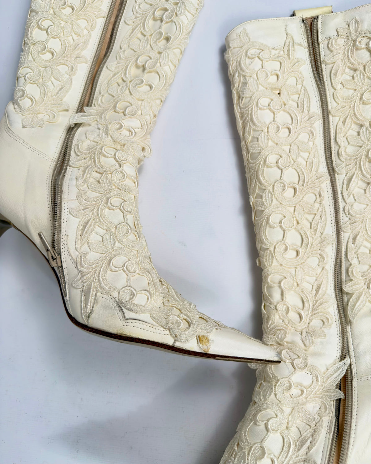 Vintage Italian Lace Appliqué Leather Boots — 40