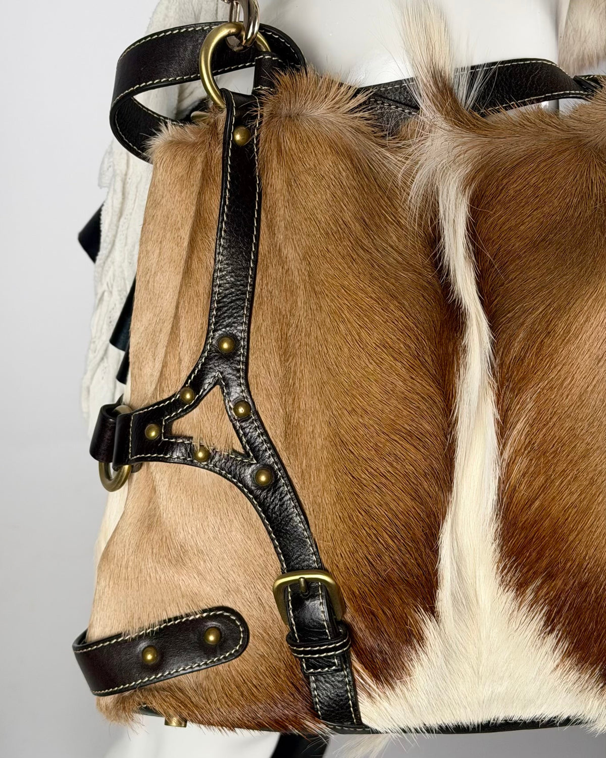 Vintage Cowhide Mohawk Fur Bondage Leather Bag