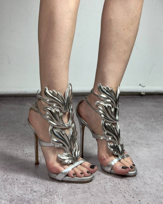 Giuseppe Zanotti Cruel Summer Wing Silver Heels — 38/38.5