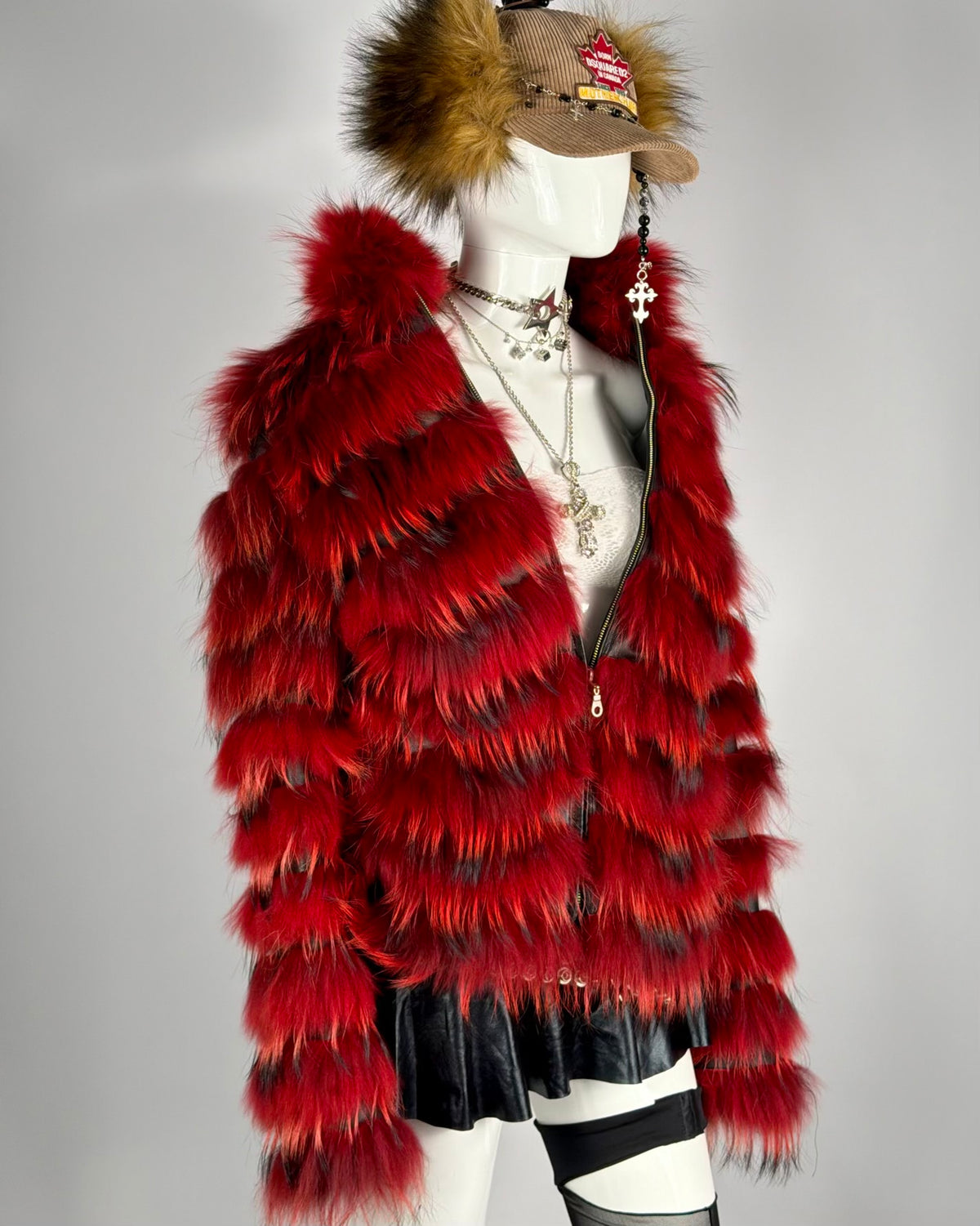 Vintage Fur Red Leather Jacket — M/L