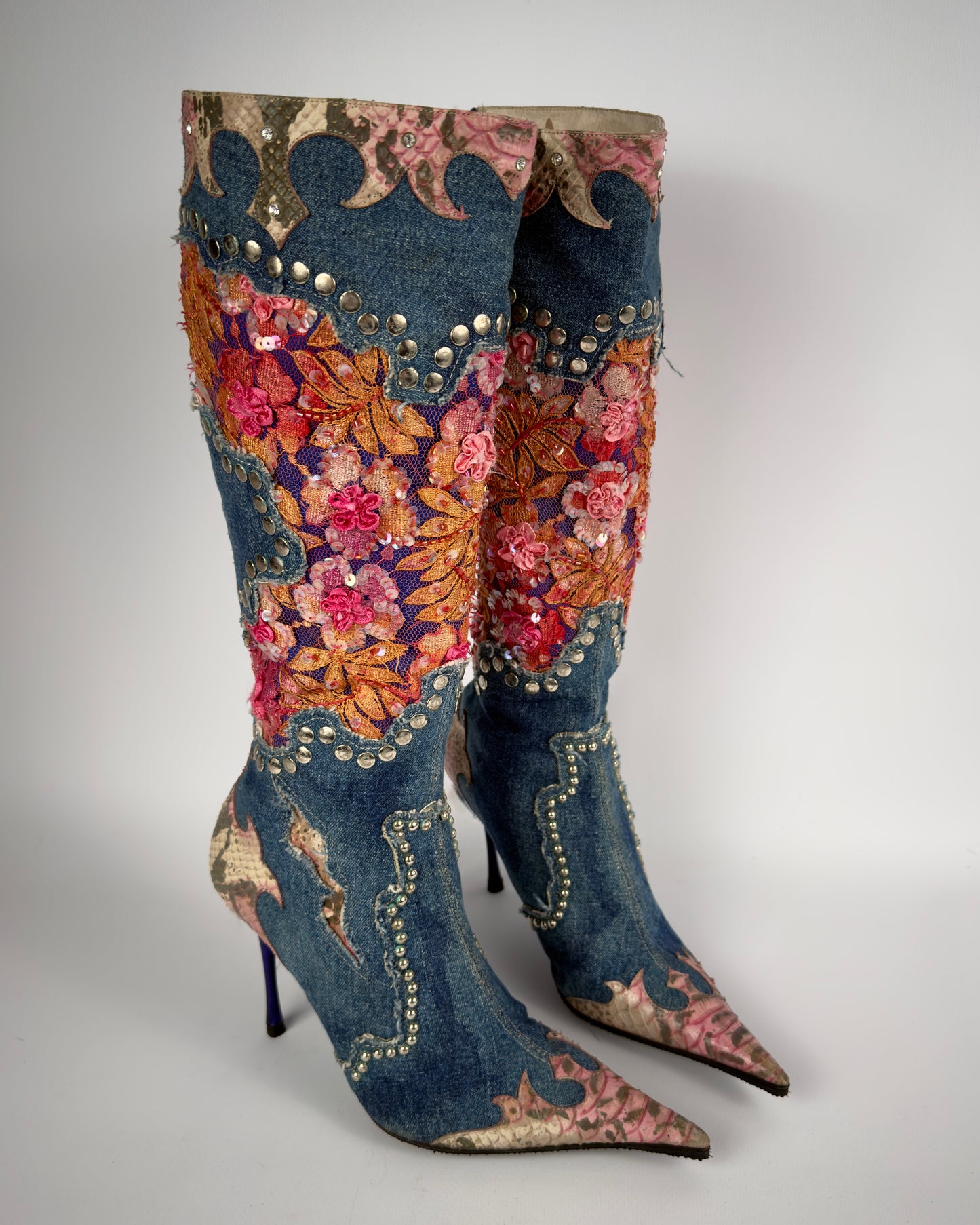 El Dante’s Couture Vintage Denim Boots — 36