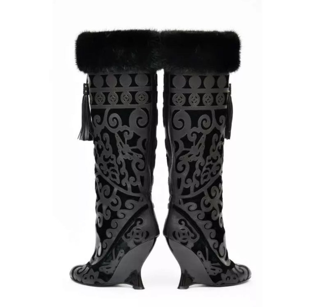 Yves Saint Laurent by Tom Ford F/W 2004 Chinoiserie Fur Wedge Boots — 37