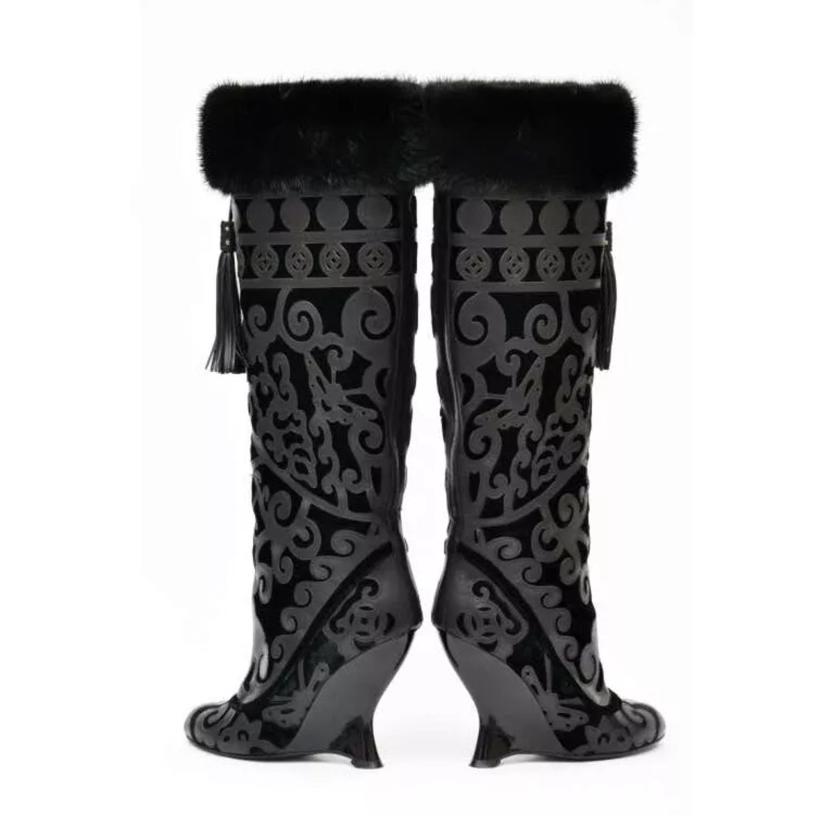 Yves Saint Laurent by Tom Ford F/W 2004 Chinoiserie Fur Wedge Boots — 37