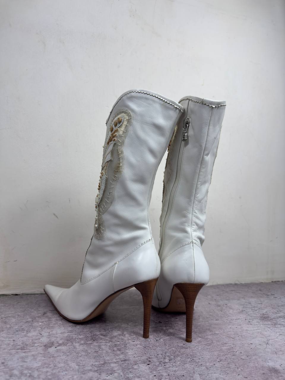 Le Silla Butterfly White Leather Beaded Boots 38/38.5