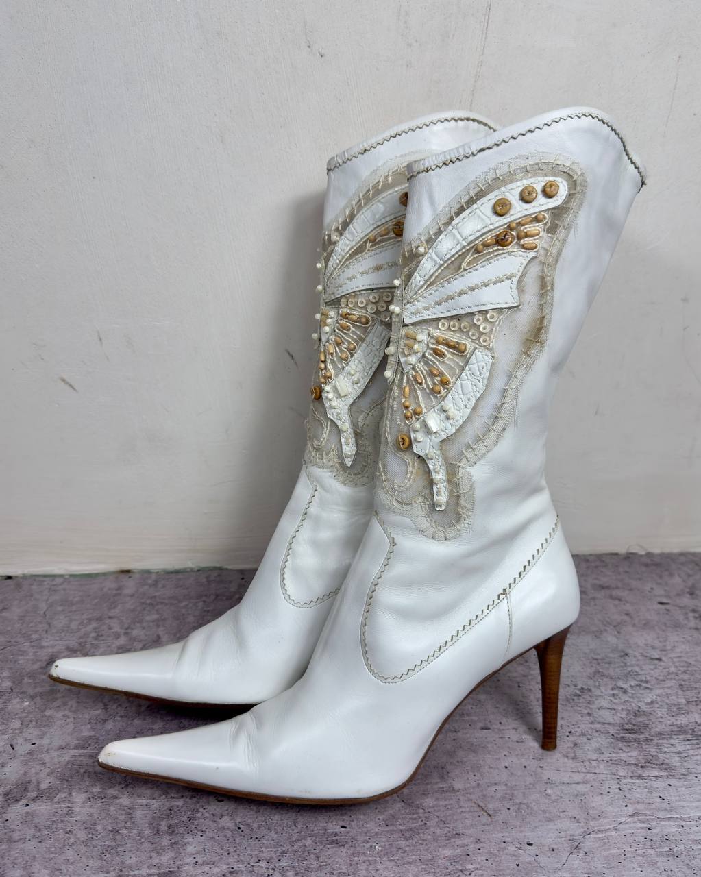 Le Silla Butterfly White Leather Beaded Boots 38/38.5
